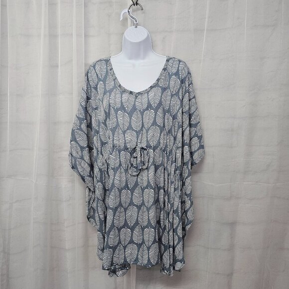 Slate Blue Leaf Print Blouse Swim Cover Boho Beach XL+ - Picture 1 of 8